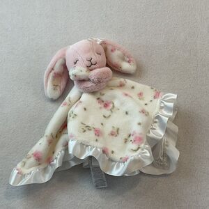 Little Me Bunny Rabbit Lovey Rattle Pink Floral White Satin Ruffle Baby Security